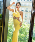 Yellow Color Women Sexy Off the Shoulder Shinning Crystal Bodycon Bandage Long Dress Celebrity Elegant Evening Party Dress
