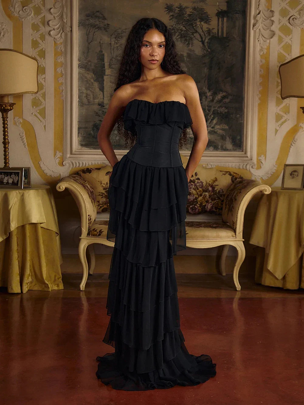 Women Sexy Strapless Ruffle Slim Maxi Dress for cummerbund Elegant Sleeveless Lady Evening Party Gowns Female Robes