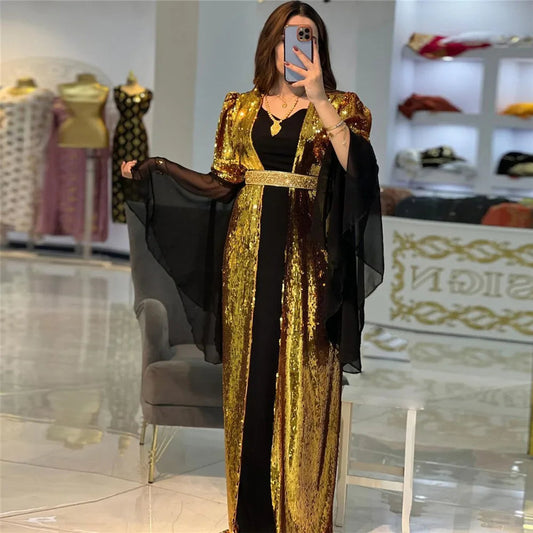 Luxury Black Gold Mermaid Evening Dress V-Neck Long Flare Sleeves Seqineds Prom Gown Belt Floor Length Algerian Outfit