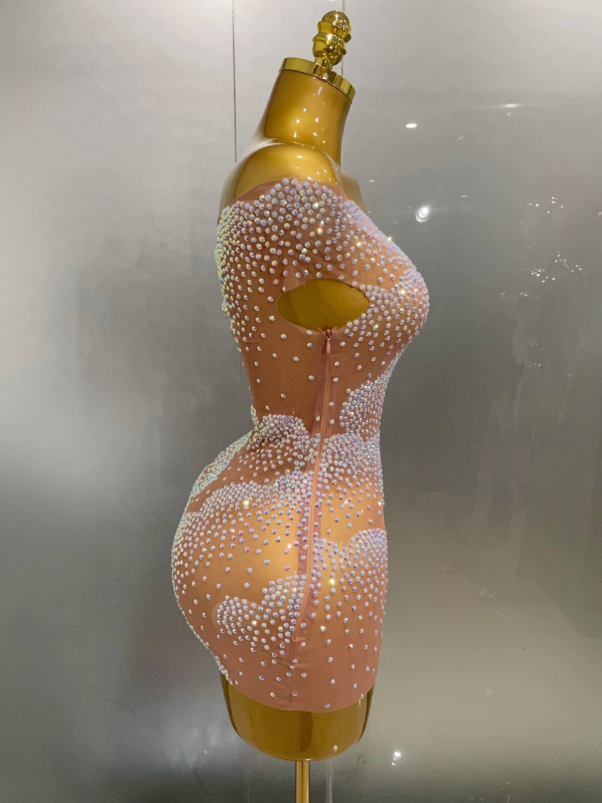 Sexy Sparkle Rhinestone Transparent Stretch Mini Dress Women Evening Birthday Party Club Stage Performance Costume