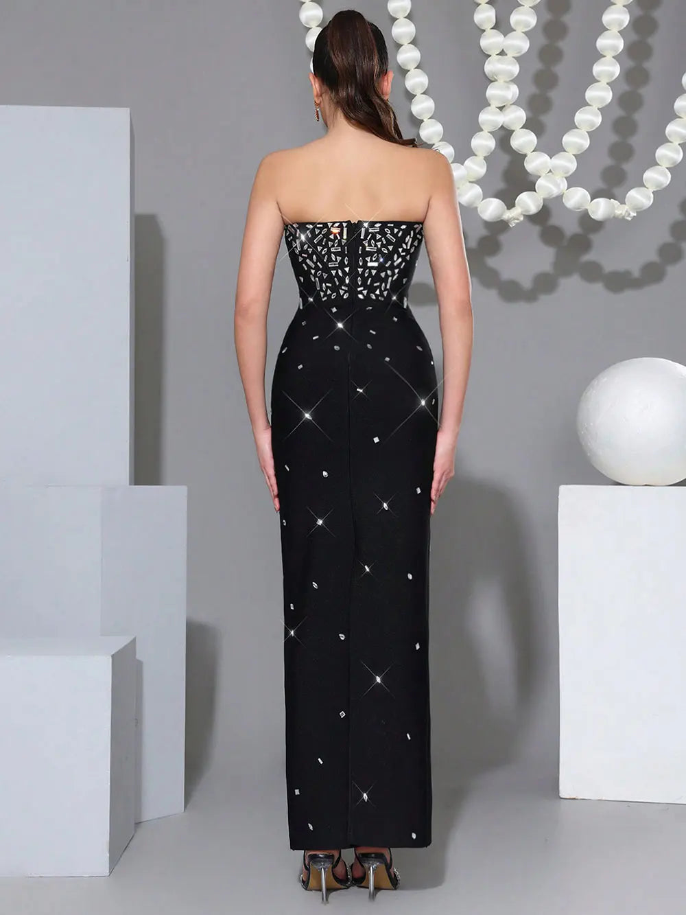Sexy Women's Nail Bead Design Bandage Dress Strapless Sleeveless Bodycon Backless Long Dress Cocktail Dinner Dress Vestitos
