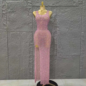 Handmake Top Quality Women Sleeveless Sexy O-Neck Mesh See Through Full Crystal Bodycon Long Dress Birthday Party Stage Wear Pink