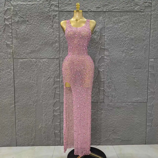 Handmake Top Quality Women Sleeveless Sexy O-Neck Mesh See Through Full Crystal Bodycon Long Dress Birthday Party Stage Wear Pink