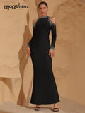 Elegant Women's Light Luxury Hot Diamond Bandage Dress O-neck Long Sleeve Hollow Design Bodycon Black Long Dresses Vestidos