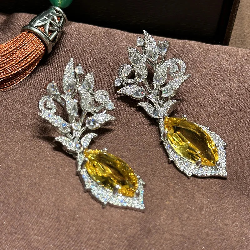 Luxury Yellow Zircon Bridal Earrings CZ Cubic Zirconia Wedding Earring For Brides Accessories Women Party Dinner Dress Jewelry