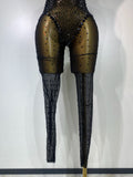 Women Sexy Mesh See Through Crystal Chain Black Bodycon Jumpsuit Celebrity Designer Dancer Night Club Rompers Stage Costume