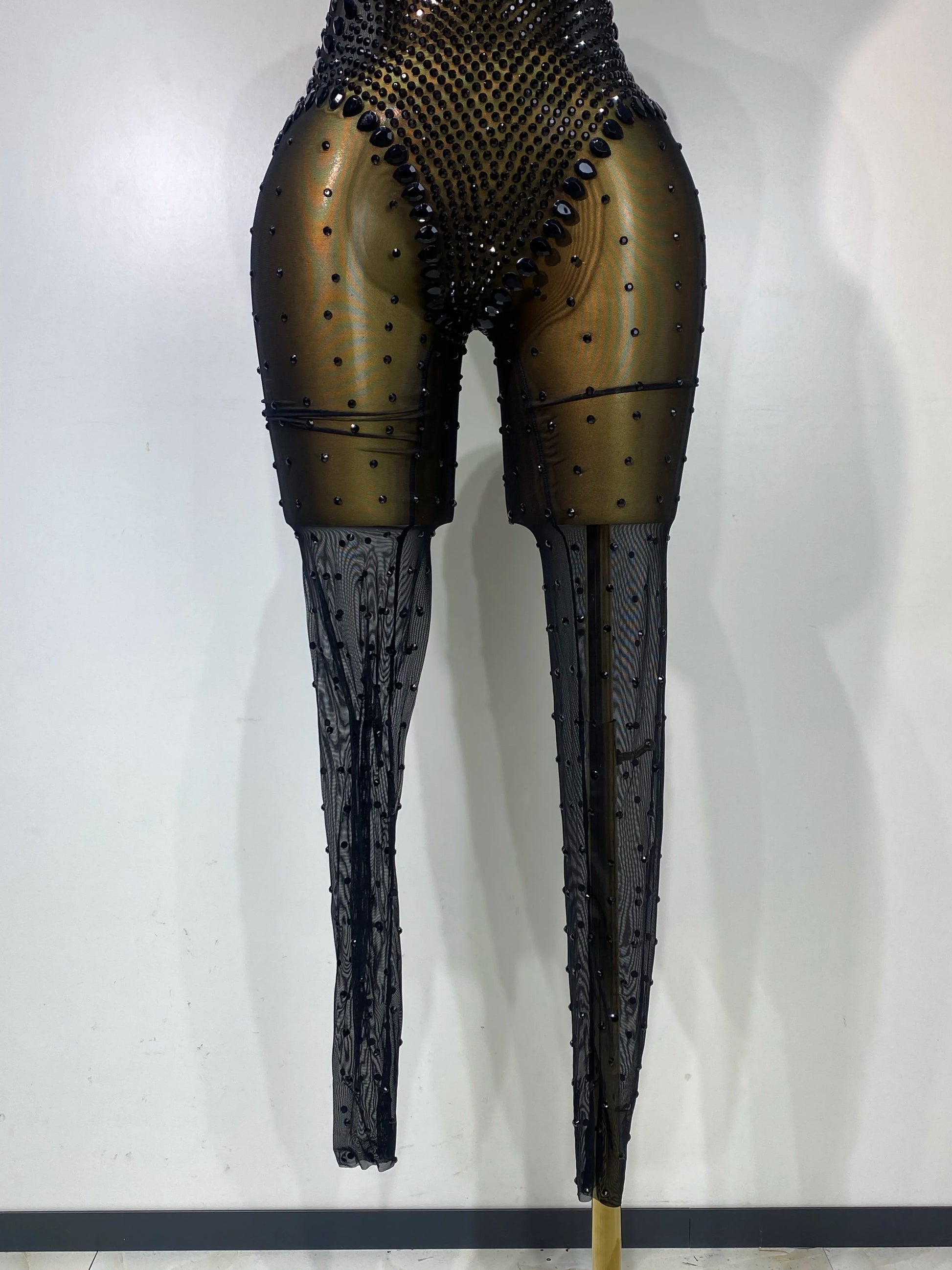 Women Sexy Mesh See Through Crystal Chain Black Bodycon Jumpsuit Celebrity Designer Dancer Night Club Rompers Stage Costume