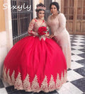 Princess Navy Blue Quinceanera Dress With Gold Appliques Long Sleeve Corset Vestidos De Xv Años Sixteen Birthday Customized Red
