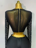 Women Sexy Long Sleeve Mesh Pearl Black Top Celebrity Midi Women Bandage Set Designer Evening Party Birthday Two Piece Set