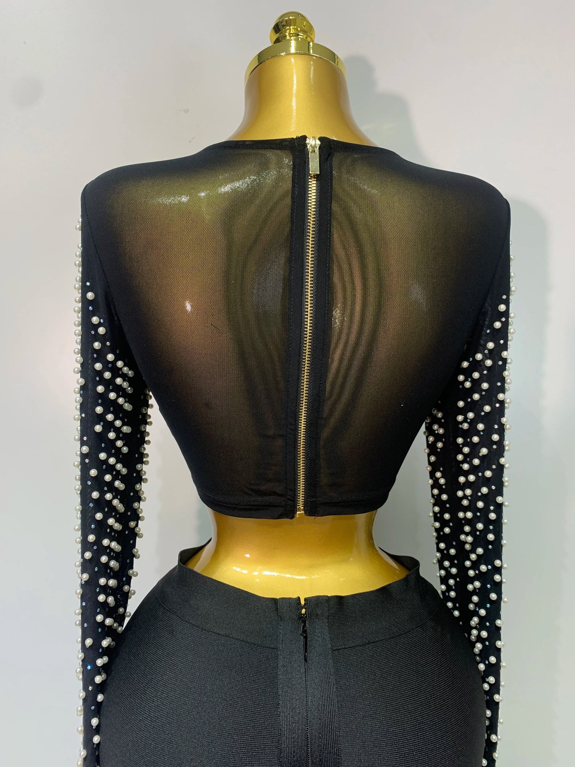 Women Sexy Long Sleeve Mesh Pearl Black Top Celebrity Midi Women Bandage Set Designer Evening Party Birthday Two Piece Set