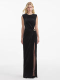 Elegant Diamond Chain High Waist hollow out Velvet Long Dress Women Sleeveless Shoulder Pad Dresses Female Evening Dresses Lady
