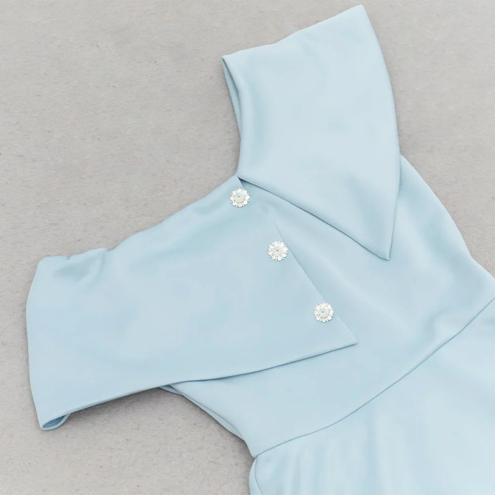 2024 Sexy Women Sky Blue Dress Off Shoulder Slant Neck Lotus Leaf Sleeve Button Design Bodycon Midi Dress Evening Party Vestidos