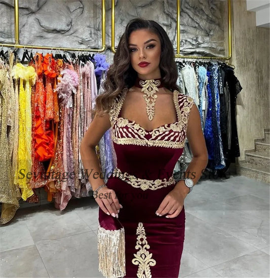 Elegant Burgundy Mermaid Kaftan Evening Dress Lace Appliques Sheath Prom Gown Mid Slit Floor Length Algerian Outfit