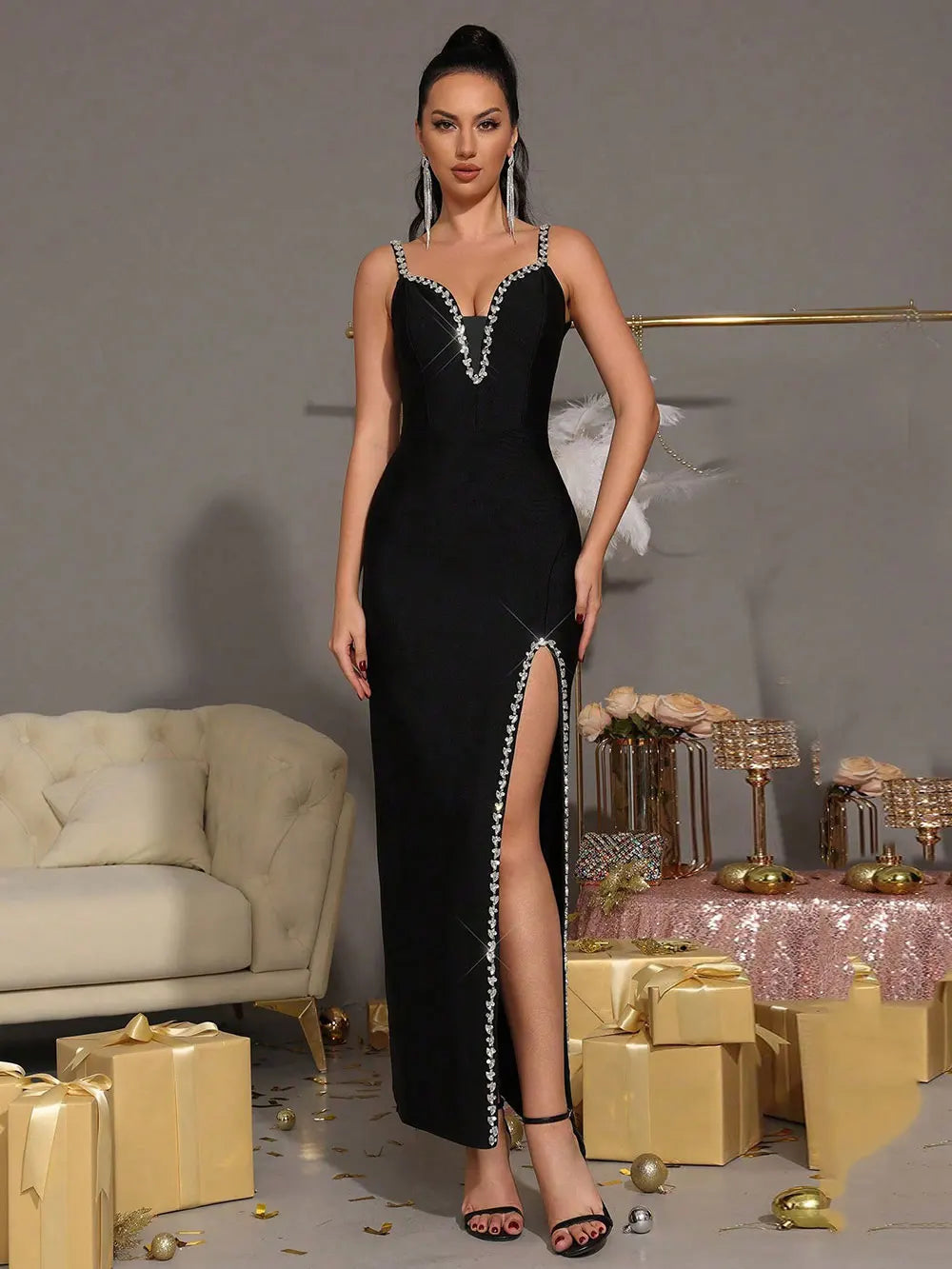 Sexy Women's Nail Diamond Design Bandage Long Dress Spaghetti Strap Sleeveless Bodycon Split Dress Evening Party Vestidos black