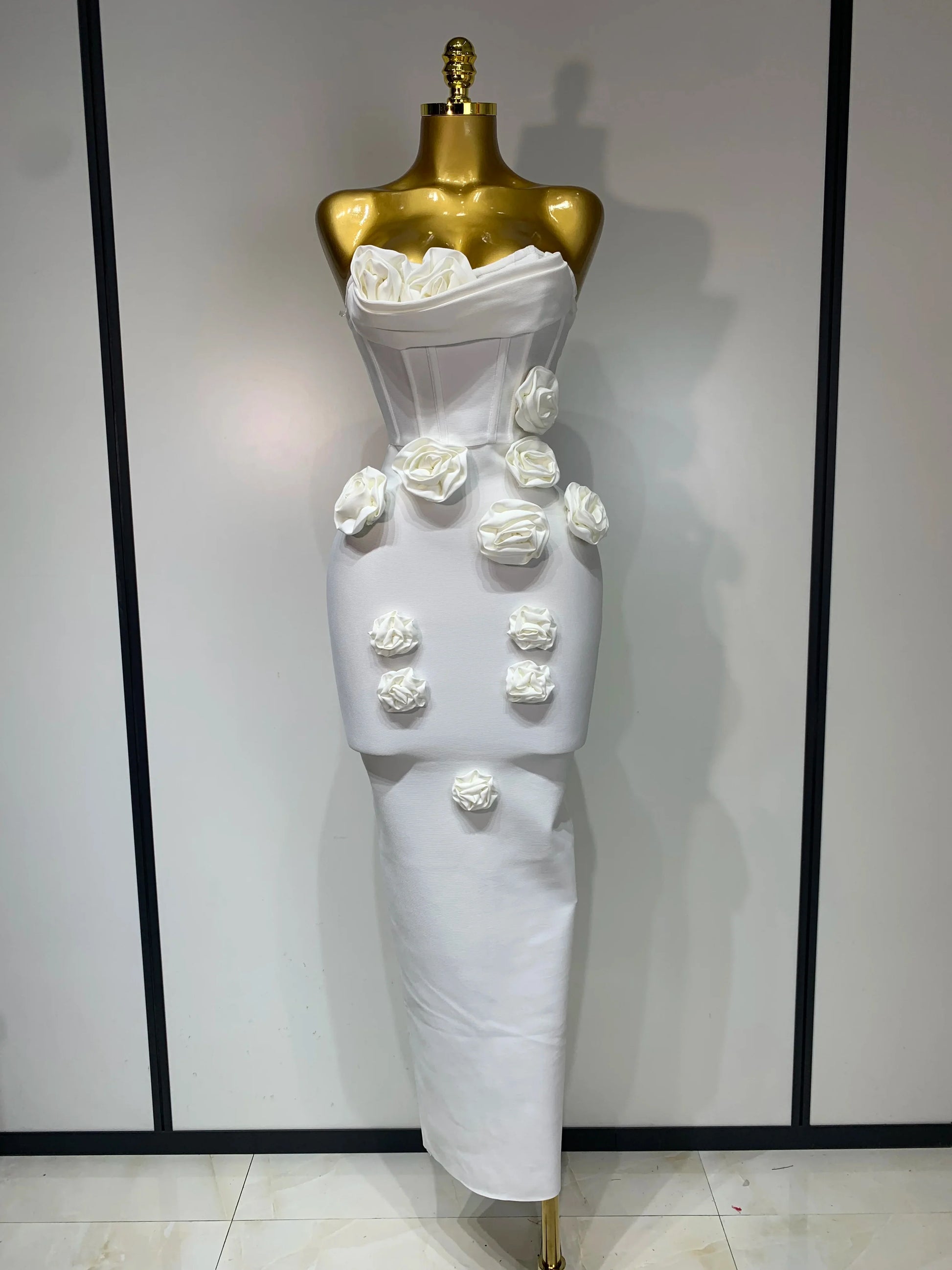 Women Celebrity Sexy Strapless Backless Flower Maxi Long Bodycon Bandage Dress Elegant Birthday Evening Club Party Dresses WHITE