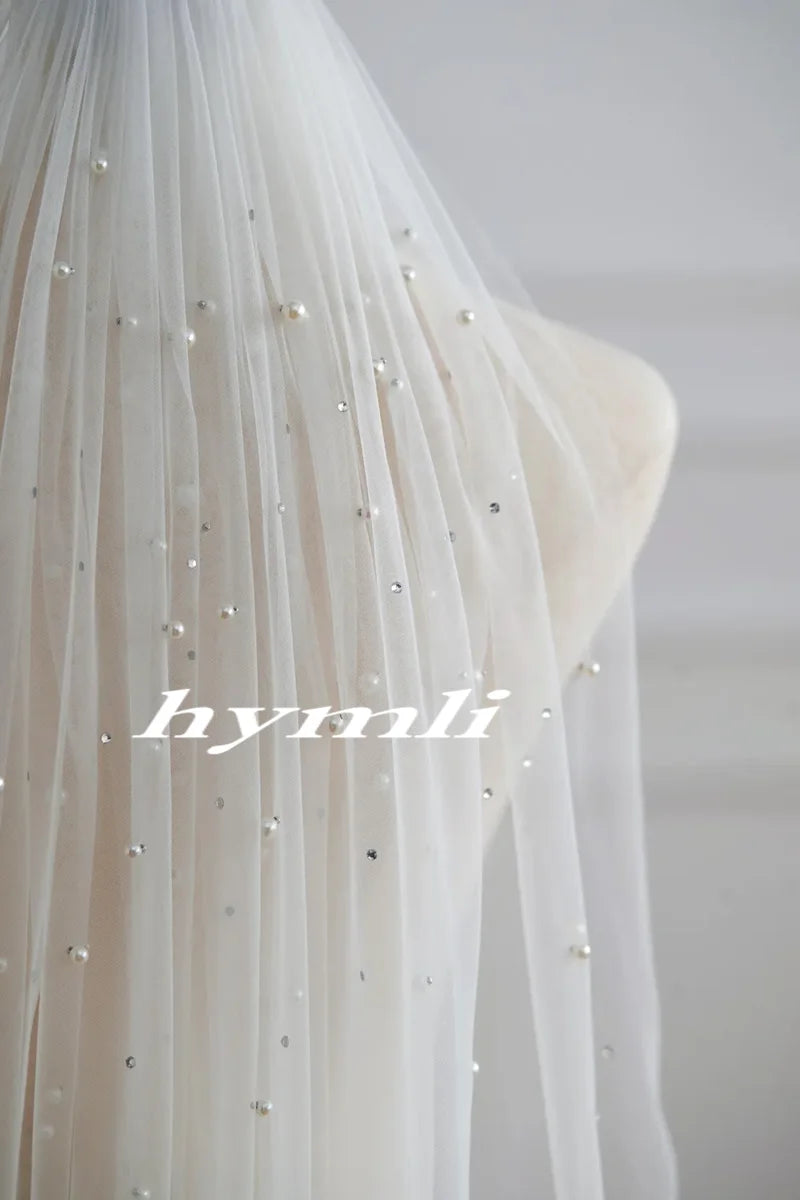 New 1 Tier Pearls and Rhinestones Veil Fingertip Length Bridal Veil Metal Comb 100cm