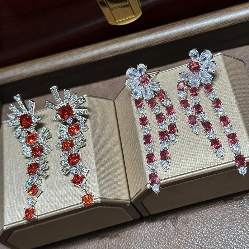 Vintage Red AAA Zircon Bridal Earrings Cubic Zirconia Wedding Earring For Women Brides Accessories Dinner Party Dress Jewelry