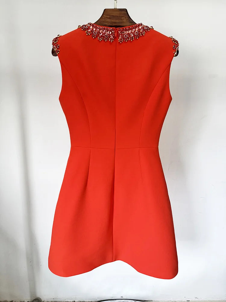 Spring Women Sleeveless O-Neck Straight Mini Dress Colorful Crystal Elegant Evening Party Fashion Outfit Vestido