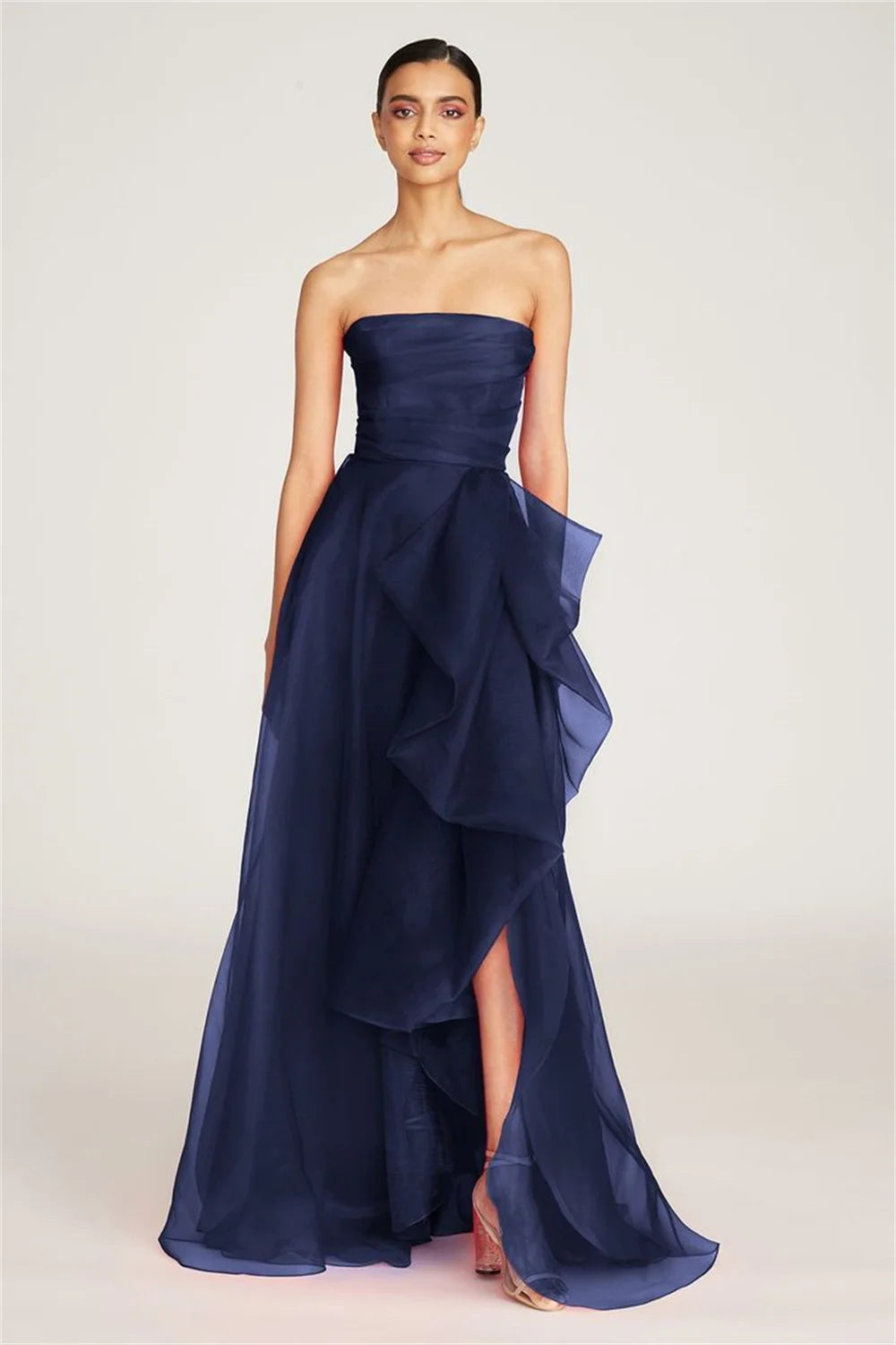 Navy Blue Strapless Prom Dress Elegant Side Split A-line Vestidos De Fiesta Organza Floor Lenght Prom Dresses