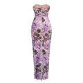 Sequin Flowers Embroidery Sexy Mesh See Through Strapless Ankle Length Dress Elegant Woman Evening Dress Celebrity Party Outfit
