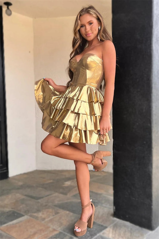 Amanda Gold Mini Strapless Prom Gown Elegant Sleeveless Knee Length Evening Formal Ruffle Tiered Party Dress for Women 2024