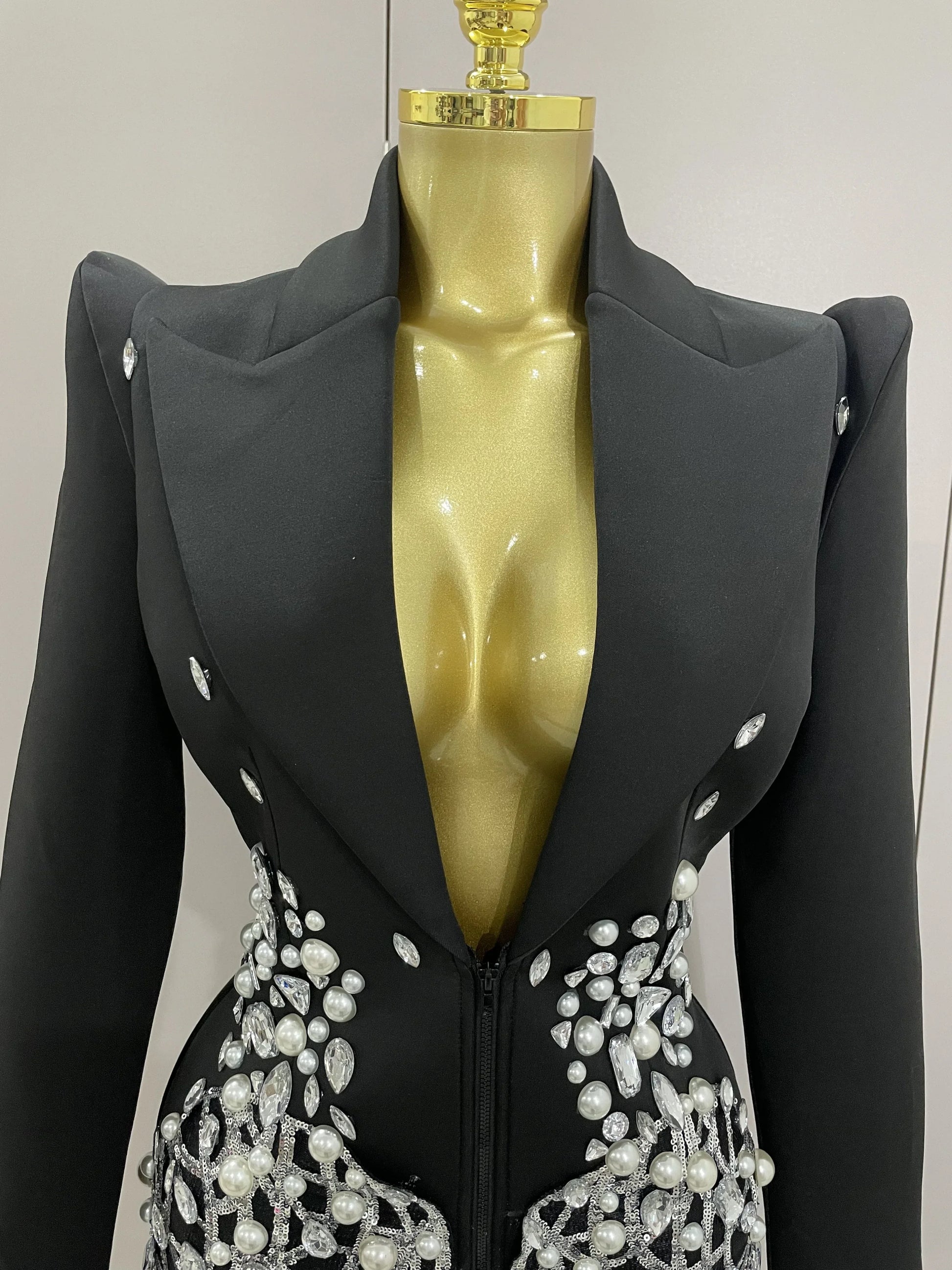 Sparkly Crystal Chains Pearls Long Sleeve Mini Dress Women Birthday Evening Party Nightclub Outfit Singer Wedding Costume