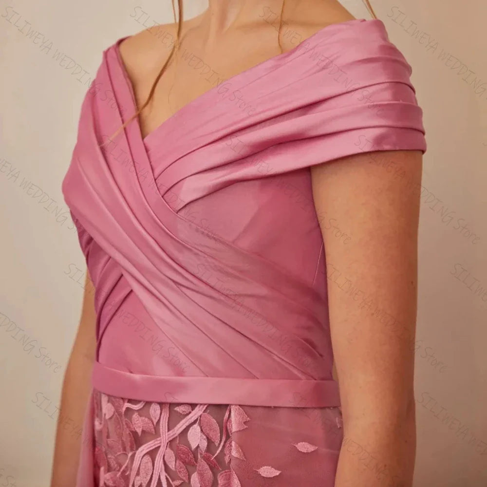Elegant Pink Long Evening Dresses Women Off the Shoulder Appliqued Organza Formal Occasion Dress فساتين السهرة