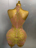 Luxury Sparkle Rhinestones Mesh Transparent Prom Dress Women Sexy Birthday Celebrate Party Club Prom Outfit Bar Costume