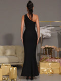 Elegant Women Nail Bead Design Bandage Dress One Shoulder Sleeveless Bodycon Long Dress Cocktail Evening Club Party Vestido
