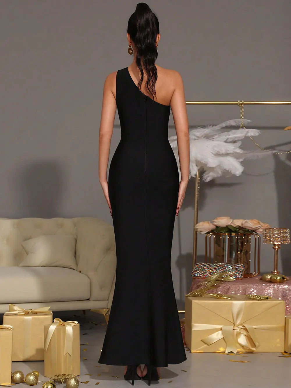 Elegant Women Nail Bead Design Bandage Dress One Shoulder Sleeveless Bodycon Long Dress Cocktail Evening Club Party Vestido