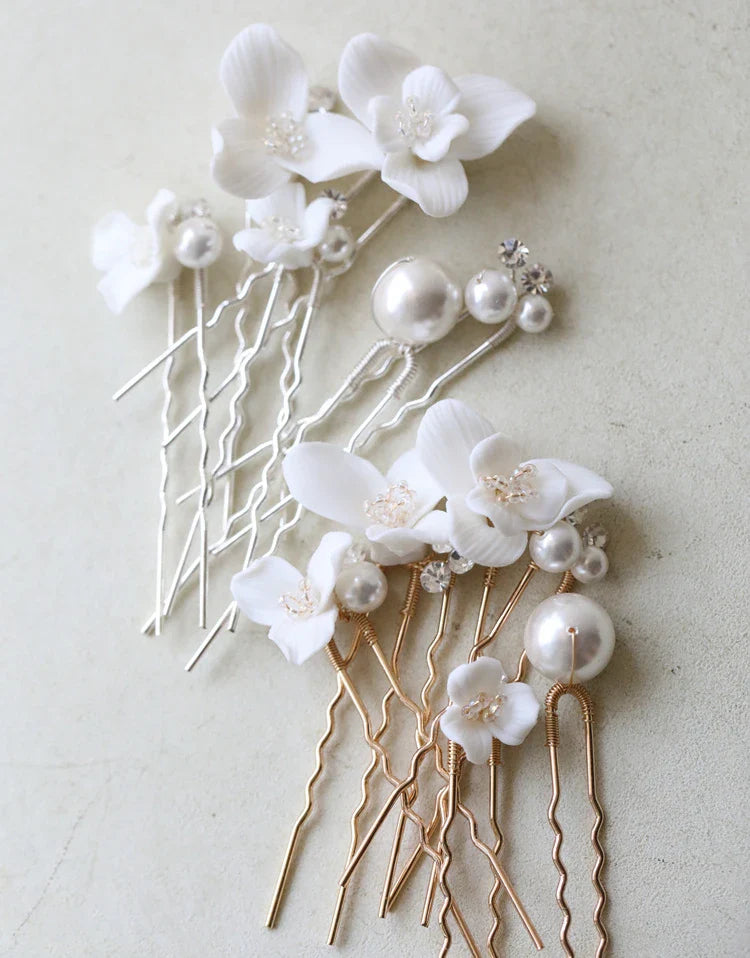 Porcelain Flower Hairpin Gold Silver Color Hair Pin Clip Women Bride Crystal Pearl Head Piece Bridal Jewelry Wedding Accessories
