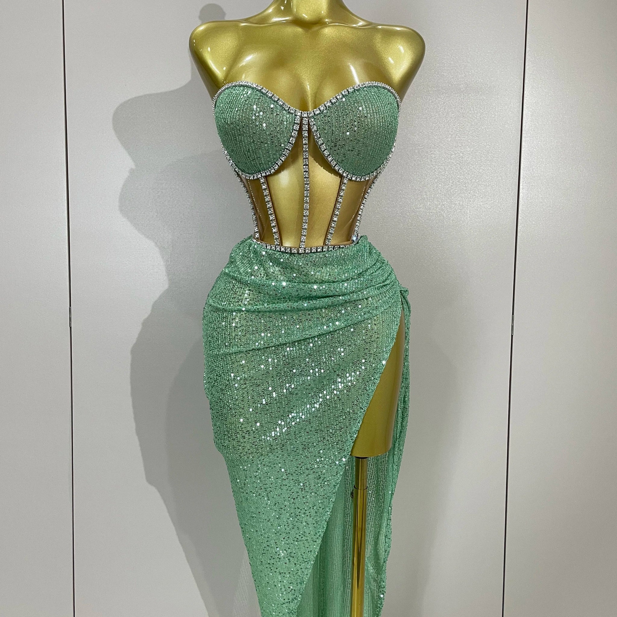 Sparkly Sequins Diamond Birthday Party Two Piece Set Evening Dress Women Sexy Singer Dancer NightClub Bar Performan Costume Mint