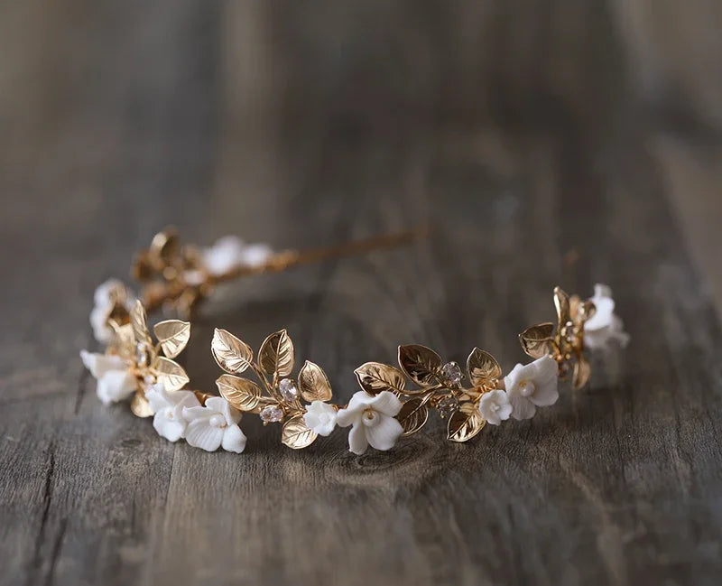 Vintage Gold Color Headband Hairband Porcelain Flower Leaf Zircon Headpiece Bride Women Wedding Accessories Bridal Hair Jewelry