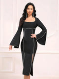 Women Light Luxury Rhinestone Bandage Dress With O-Neck Flared Sleeves Slim Fit Split Body Midi Dress Evening Club Party Vestido