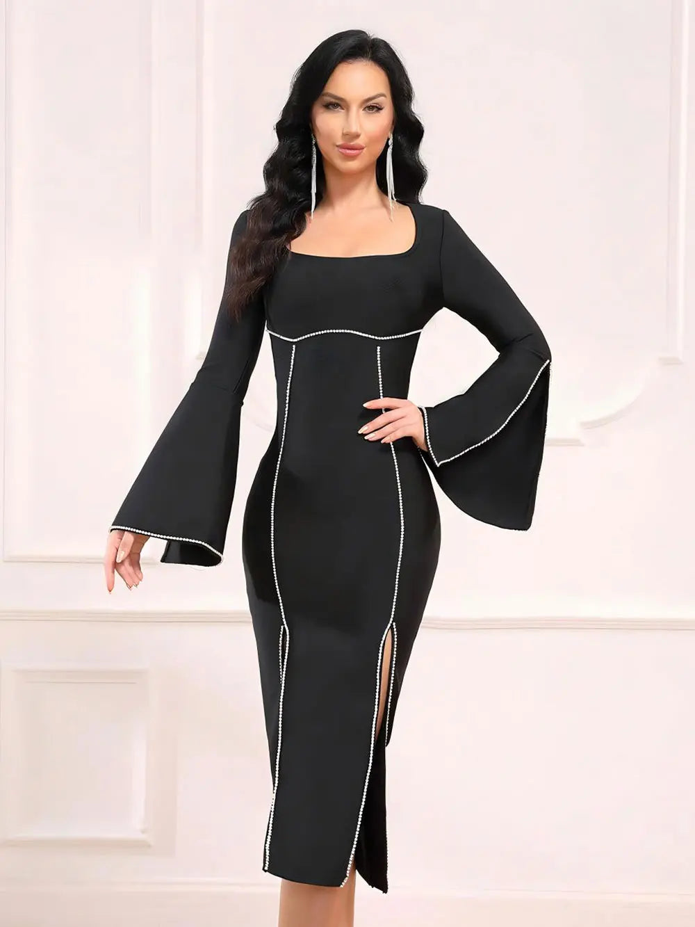Women Light Luxury Rhinestone Bandage Dress With O-Neck Flared Sleeves Slim Fit Split Body Midi Dress Evening Club Party Vestido