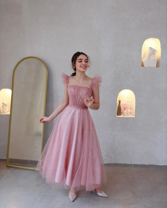 Pink Elegant Glitter Tulle Prom Party Dress Exquisite Pleats A Line Evening Gown Tea Length Short Cocktail Dress