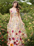 Colorful 3D Flowers Lace Sleeveless Boho Wedding Dresses A-Line V-Neck Spaghetti Straps Country Bridal Gowns