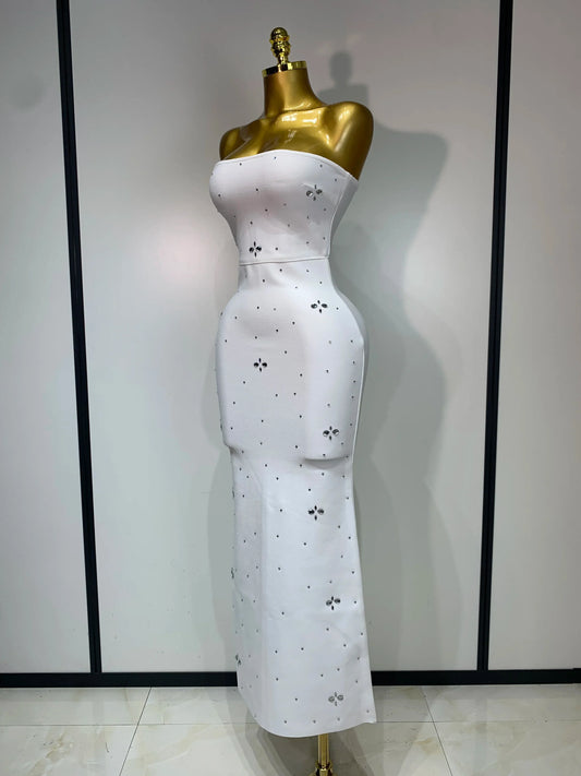 Luxury Rhinestone Sexy Strapless Backless Long Bodycon Bandage Dress White Elegant Evening Party Birthday Club Dress