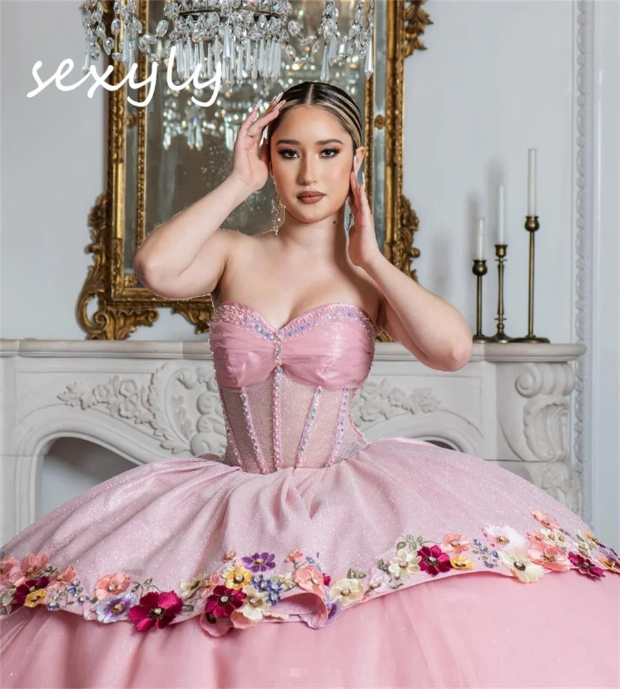 Pink Quinceanera Dress Charro Sweetheart Ball Gown Flower Vestio De 15 Xv Anos Sixteen Masquerade Sequined Savistidos Customized