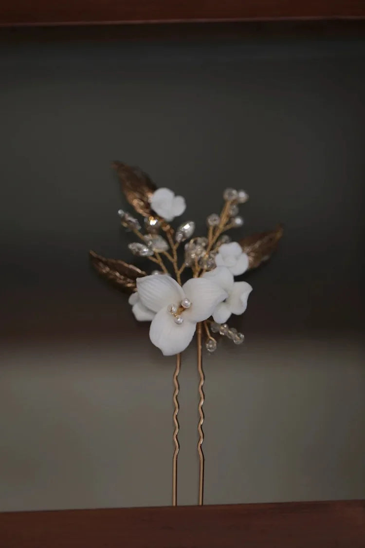 Vintage Gold Silver Color Hair Pin Clip Porcelain Flower Leaf Head Pieces For Brides Hairpins Wedding Accessories Bridal Jewelry c
