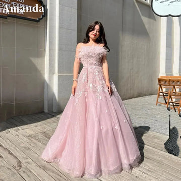 Pale Pink A-Line Tulle Ball Gown Prom Dress with Lace Embroidery and Off Shoulder Ostrich Hair Detail As Picture
