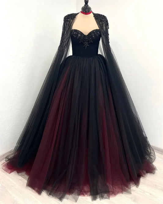 Gothic Black WIth Red Wedding Dress Sequins Cape Sleeve Ball Gown Vestidos De Novia Handmade A-line Prom Dresses