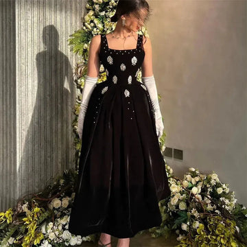 Elegant Black A-Line Tea-Length Prom Dress with Square Collar, Crystals, and Spaghetti Straps Evening Gown Black