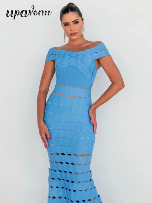 Spring Sexy Women Hollow Cut Design Bandage Dress with One Collar Shoulders Bodycon Backless Midi Dress Club Party Vestidos