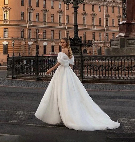 Vestidos De Novia con abertura lateral sexys, batas De Novia con cuello barco y hombros descubiertos, mangas abullonadas, vestido acampanado para Novia