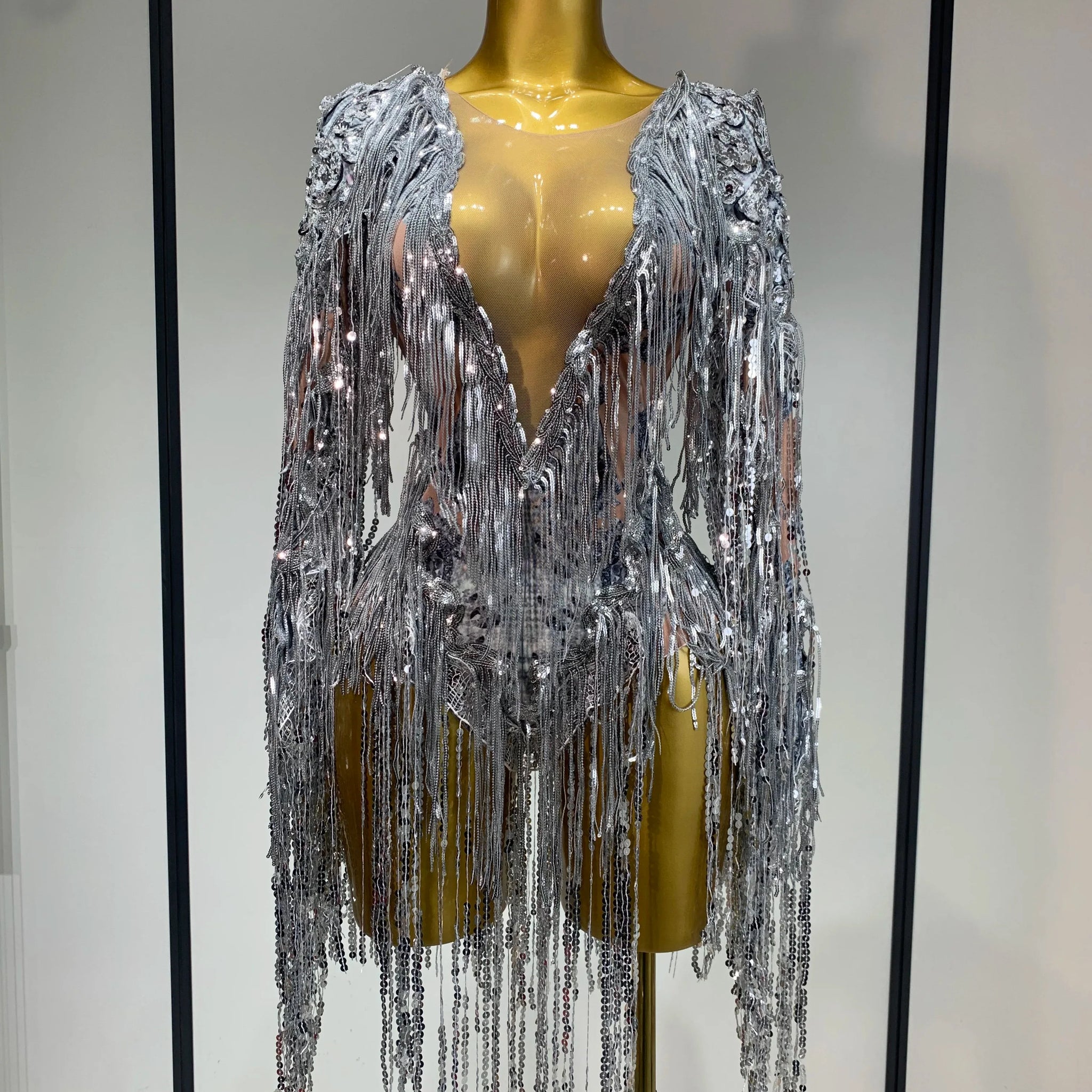 Sparkly Sequin Tassels Long Sleeve Silver Bodysuit Bar Women Singer Show Costume Celebrate Outfit Evening Dance Stage Outfit Silver