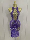 Sexy Black See-Through Pin Decoration Chain Beading Short Dress Women Birthday Evening Party Nightclub Performance Costume PURPLE