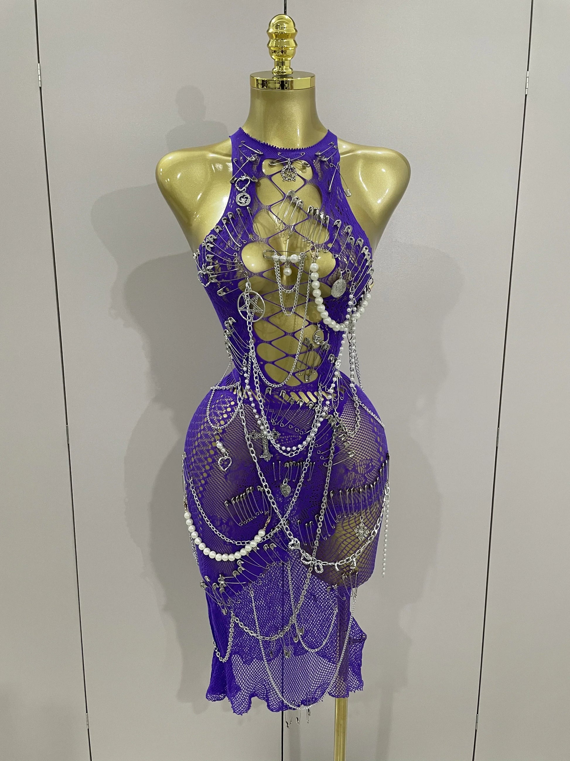 Sexy Black See-Through Pin Decoration Chain Beading Short Dress Women Birthday Evening Party Nightclub Performance Costume PURPLE
