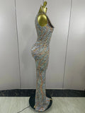 Luxury Crystals Diamonds Slit elegant Sheath Fishtail Dress Women Sexy Evening Party Performance Photoshoot Stage Dress