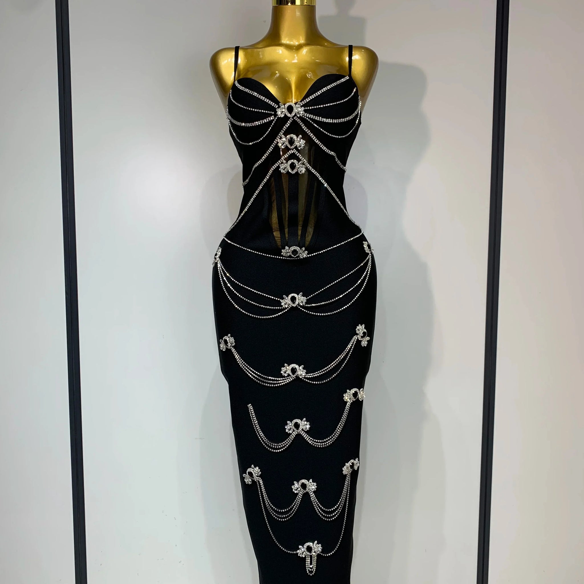 New Spaghetti Strap Bodycon Bandage Dress Women Sexy Sparkly Beading Club Evening Party Birthday Dresses Wedding Guest Gown black